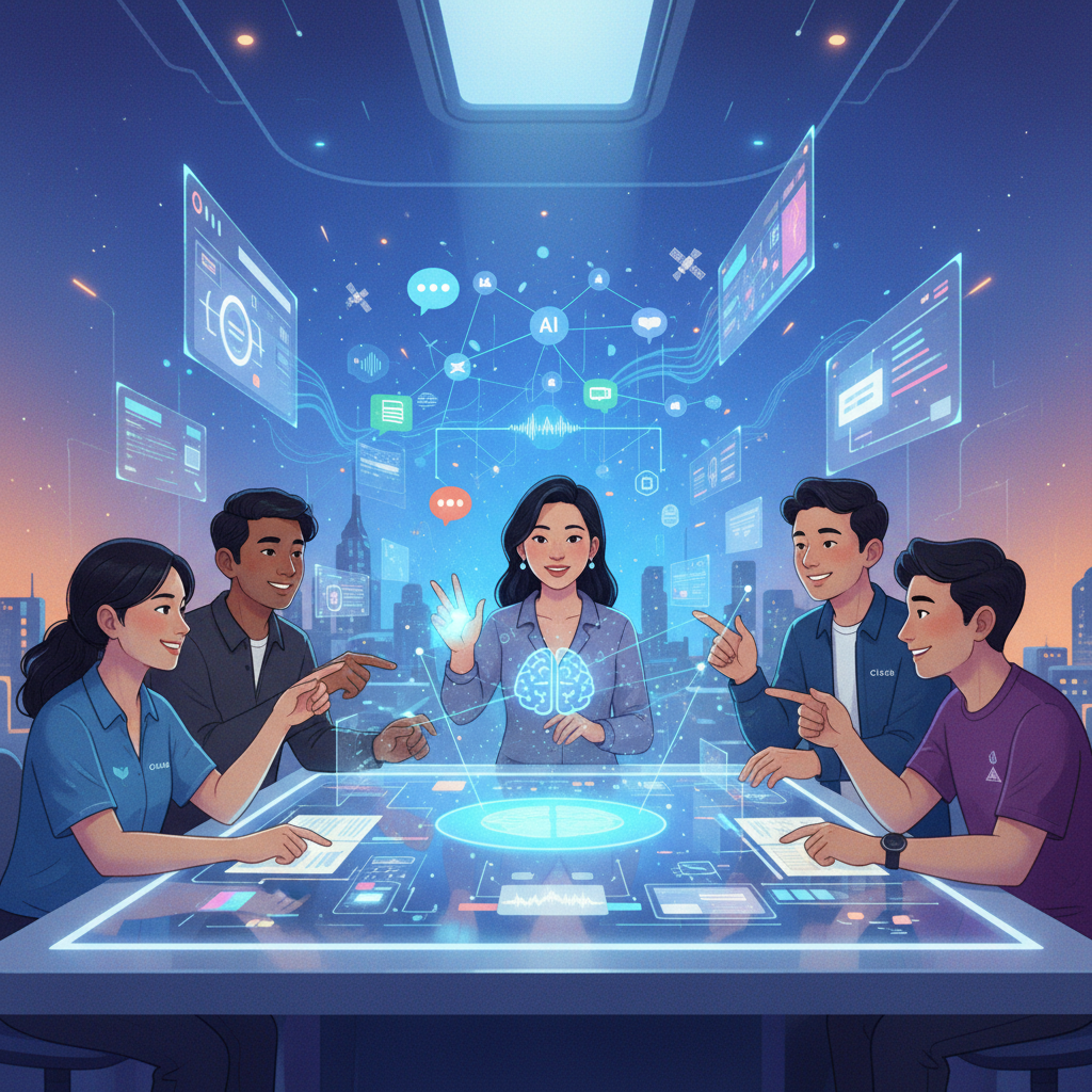 Illustration of a diverse team from Cisco and EzDubs collaborating on a large holographic display, brainstorming innovative AI-powered communication solutions. Emphasize teamwork and futuristic technology. Artistic rendering, textured background, bright balanced lighting. No visible text, full frame with gradient background. Centered focus, Korean appearance figures.