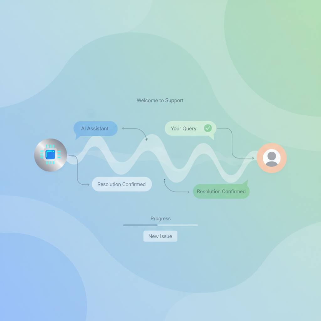 An image depicting an AI customer support interface with a subtle AI assistant icon. The interface shows a seamless conversation flow, representing efficient problem-solving for users. Style: clean infographic, modern layout. Background: soft gradient of blue and green. No text, clean UI with minimal English labels.