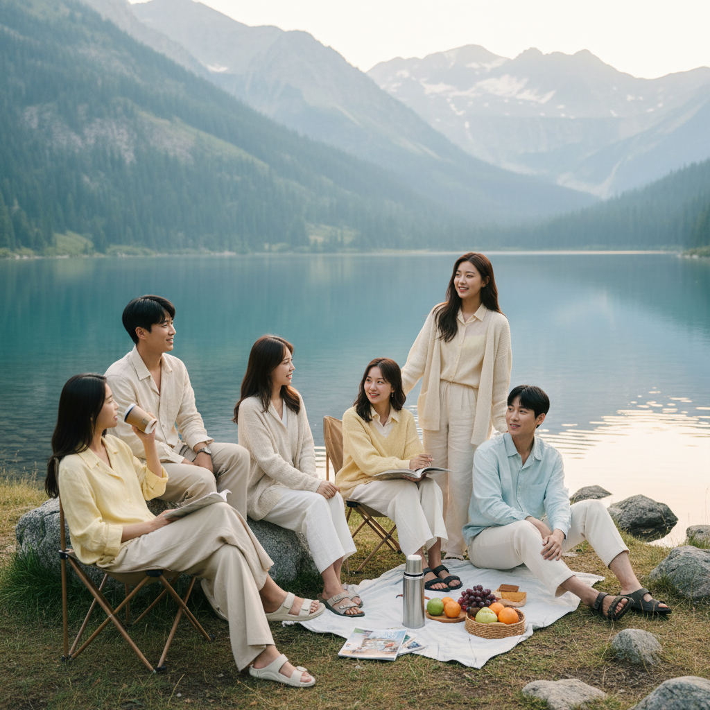 A vibrant lifestyle photography shot of a group of Korean people enjoying a "coolcation" in a refreshingly cool climate. They are relaxing by a clear lake or in a mountainous region, dressed in light but comfortable clothing, with a sense of peace and rejuvenation. Natural lighting, no text.