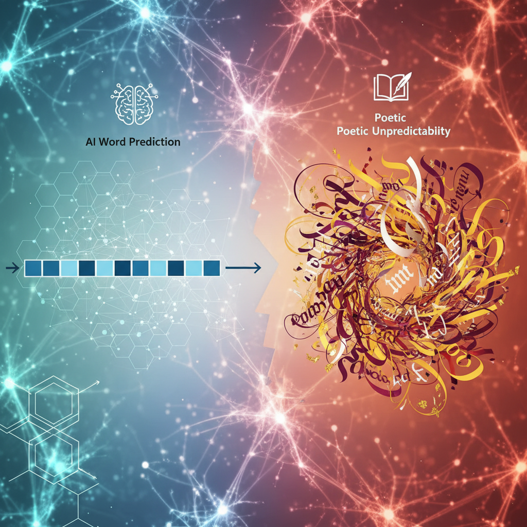 A detailed infographic illustrating the concept of word prediction in AI versus the unpredictable nature of poetry. One side shows a linear, predictable sequence of words (represented as simple blocks), while the other side shows a swirling, non-linear flow of poetic lines, disrupting the predictable path. A neural network pattern is subtly in the background. High contrast, clean design. No visible text.