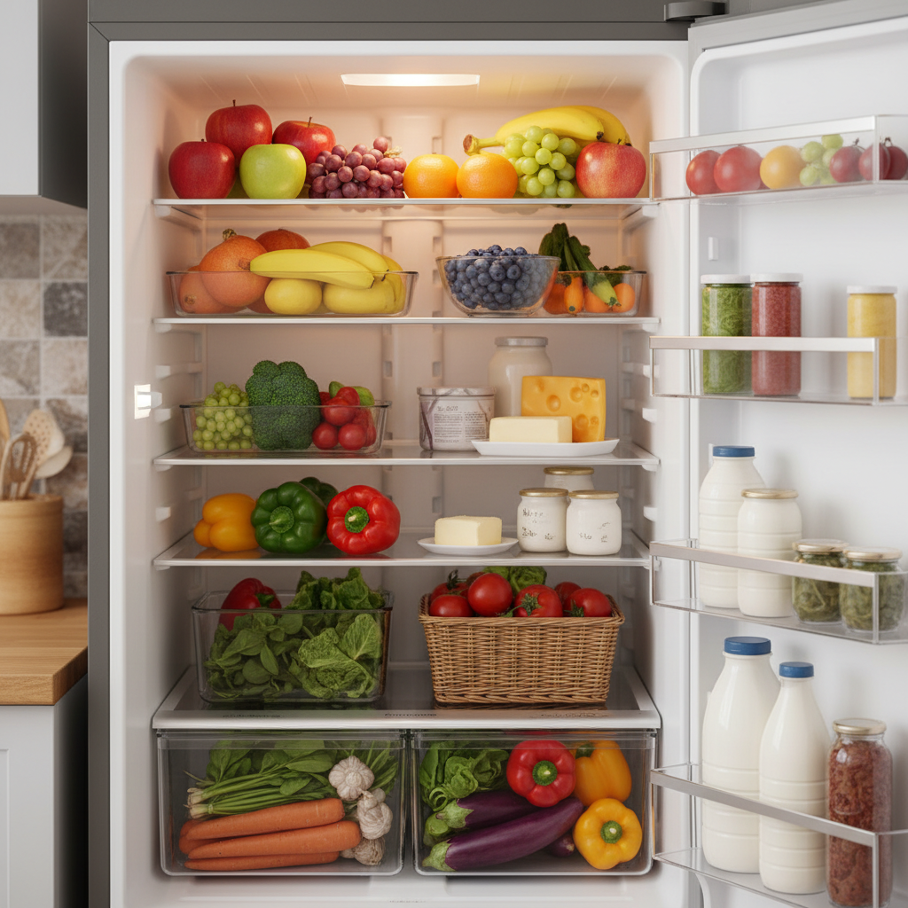Open refrigerator filled with fresh groceries, colorful fruits and vegetables, dairy products neatly organized on shelves, warm kitchen lighting, realistic photography style, cozy home atmosphere, vibrant colors, textured background, no text