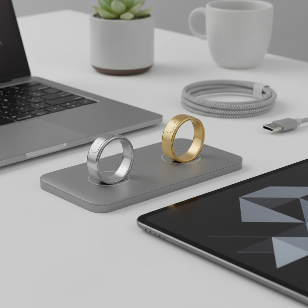 Product photography of two elegant smart rings in silver and gold finish, minimalist design with subtle touchpad surface, placed on modern tech workspace, soft studio lighting, premium material texture, sleek wearable technology aesthetic, no text in image
