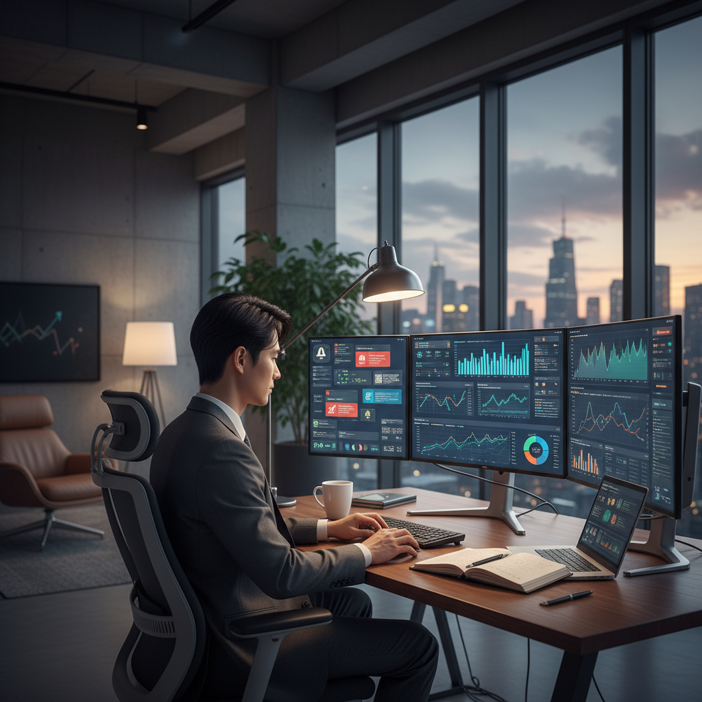 Modern business professional reviewing real-time analytics dashboard on multiple monitors, alert notifications appearing on screen, contemporary office setting with city view through windows, evening lighting with warm desk lamp, focused Korean appearance person analyzing data trends, professional workspace with coffee and notebook, no text