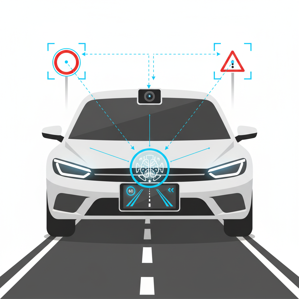 An infographic depicting a car's front-facing camera detecting road signs and lane markings, with information flowing to a central AI system. Show visual cues appearing on a car's display. Style: clean infographic, no text.