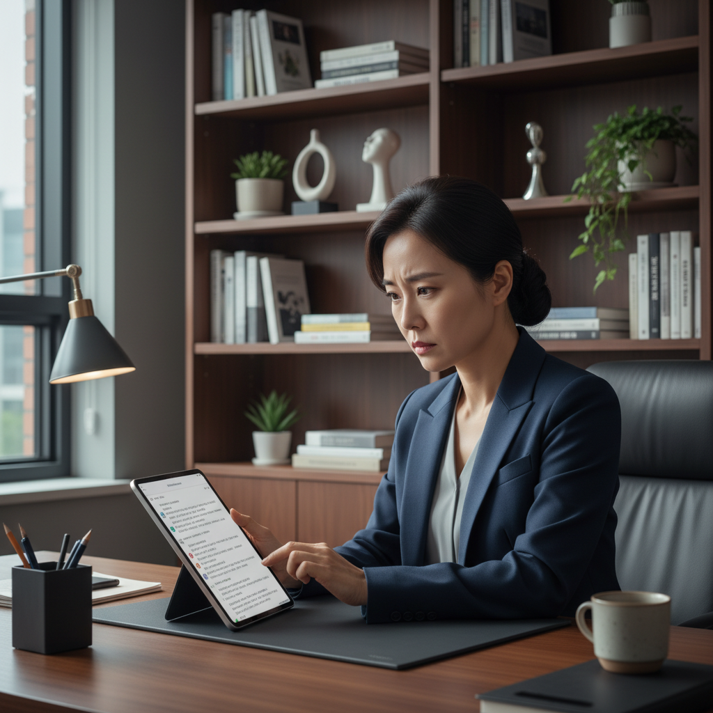 A serious-looking Korean psychologist, mid-40s, reviewing chat transcripts on a tablet in a modern office setting. She has a thoughtful, concerned expression. The background features bookshelves and subtle office decor. Clean, professional style, balanced lighting. No text.