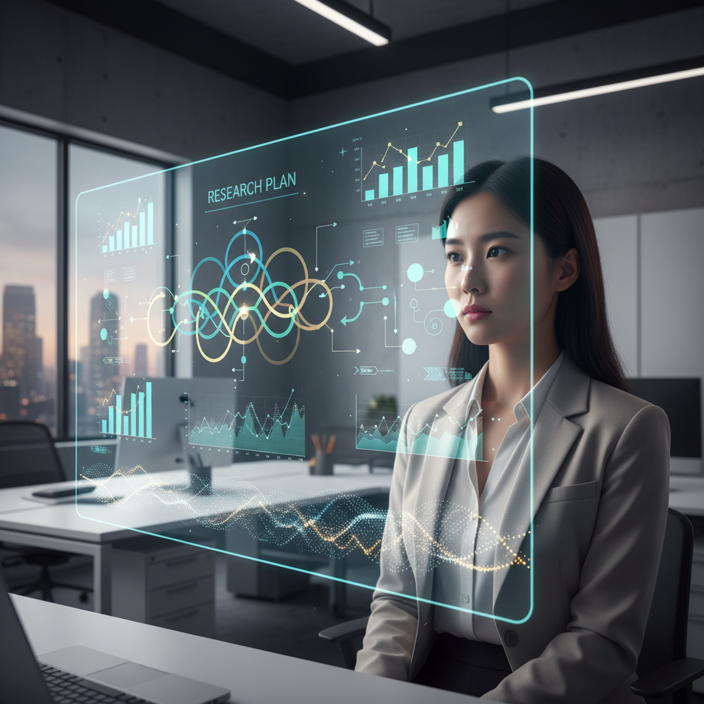 A Korean person (male or female) looking at a holographic screen displaying complex financial data and a 'research plan' flow chart, with a focused expression, in a modern office setting. Style: clean infographic with a touch of realism. No text in image.
