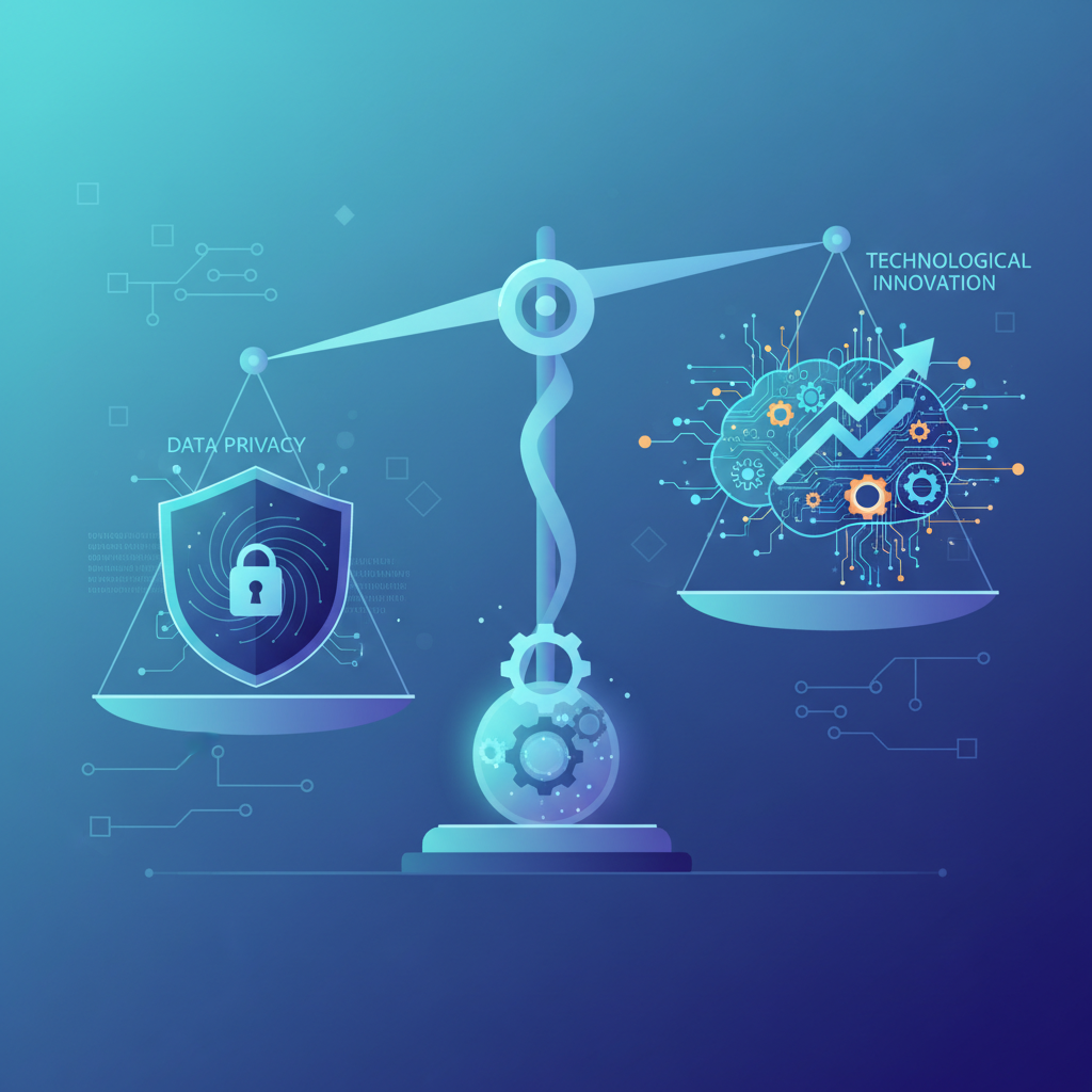 A stylized image of a balanced scale, with data privacy on one side and technological innovation on the other, both in equilibrium. The background features subtle digital patterns and a mix of light and dark blues. Modern illustration style, no text.