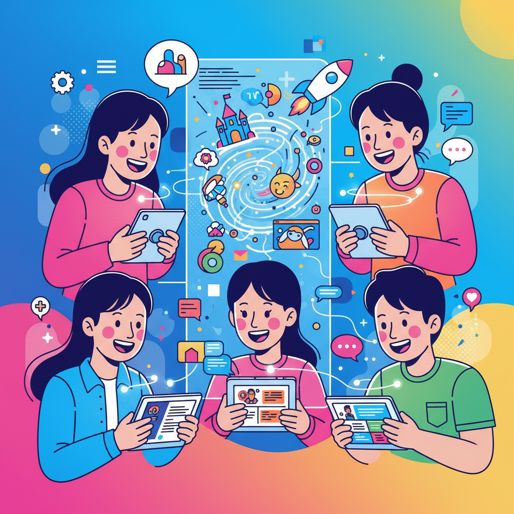 A group of Korean teenagers smiling and engaging with Character.AI's Stories feature on their devices, showing collaboration and imaginative play. The scene is brightly lit with a vibrant, colored background. Style: clean infographic, modern layout, high contrast. No visible text in image. No Korean characters.