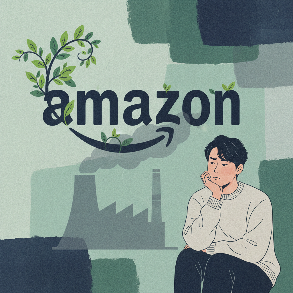 A stylized image featuring the Amazon logo with both green leaves and a faint shadow of a coal plant in the background, symbolizing its dual energy claims. A Korean person looking thoughtful about corporate responsibility. Style: modern illustration, artistic rendering, textured background. No text.