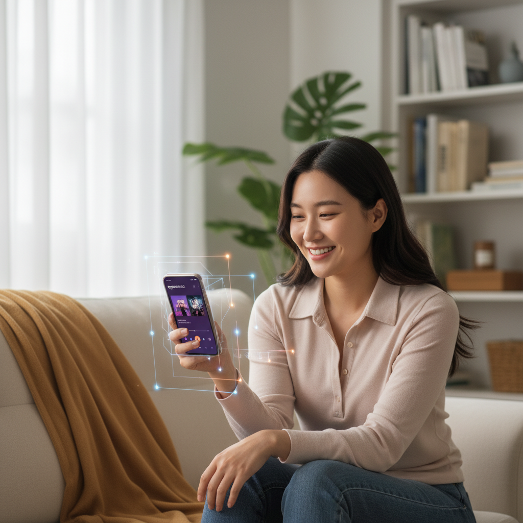 A Korean person smiling and interacting with their smartphone, which shows the Amazon Music app interface with subtle AI-related glowing lines or abstract elements. The setting is a cozy living room, natural lighting. Lifestyle photography, no text in image.