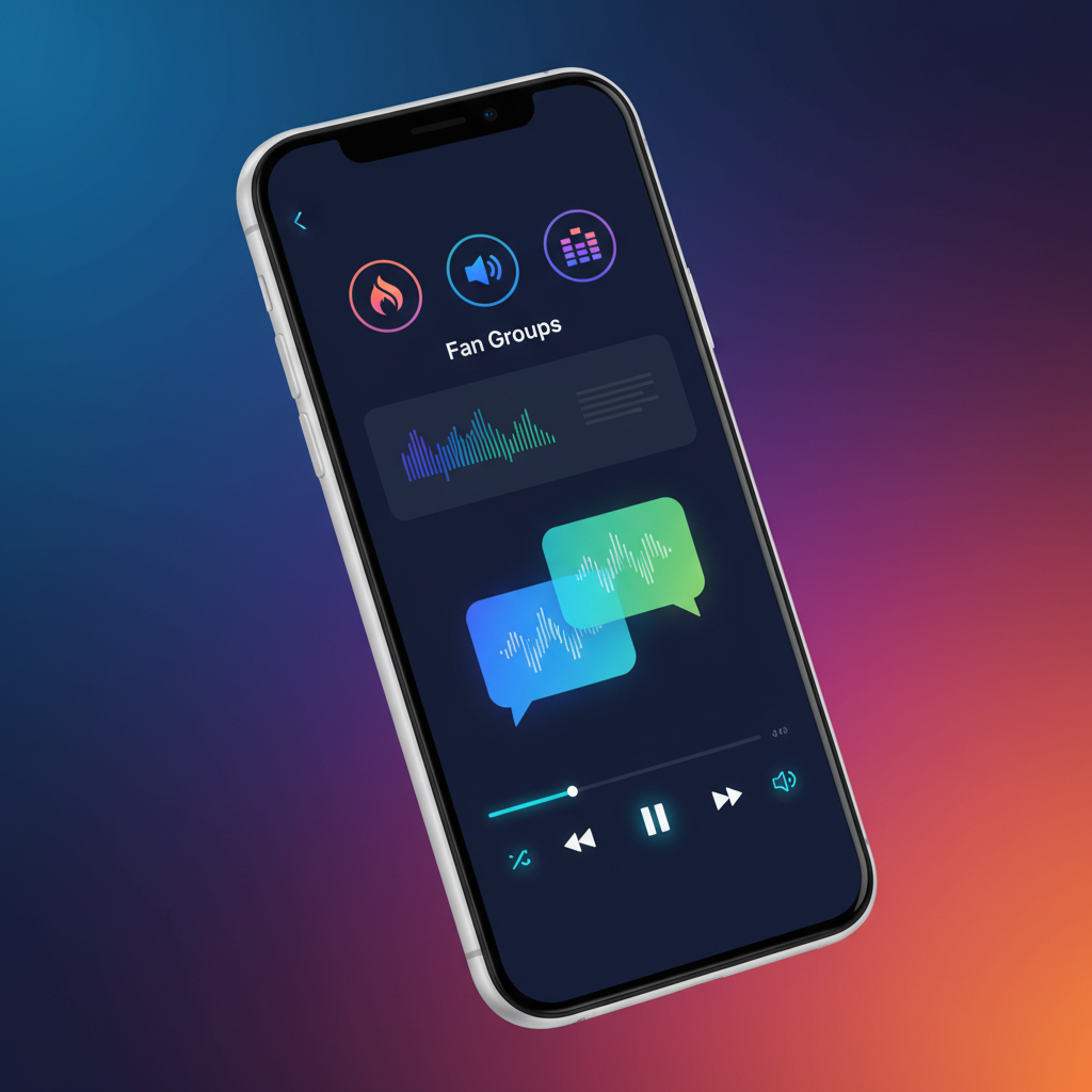 A clean infographic showing the Amazon Music 'Fan Groups' interface on a mobile phone, with chat bubbles, music player controls, and group icons. Modern layout, high contrast, colored background, no visible text.