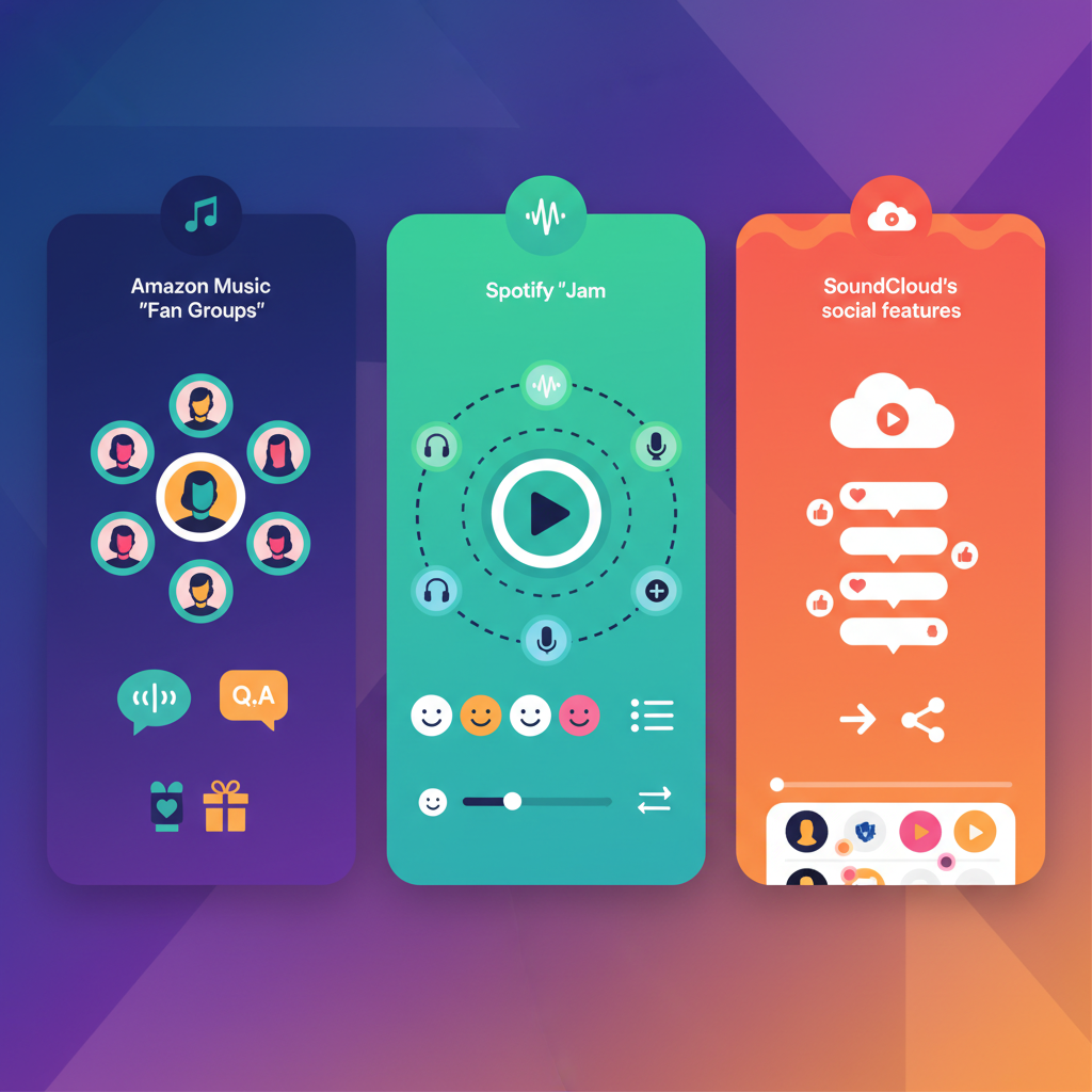 A comparative infographic showing simplified UI elements of Amazon Music 'Fan Groups', Spotify 'Jam', and SoundCloud's social features side-by-side. Highlight unique social interaction points for each, clean and modern design, high contrast, colored background, no text.