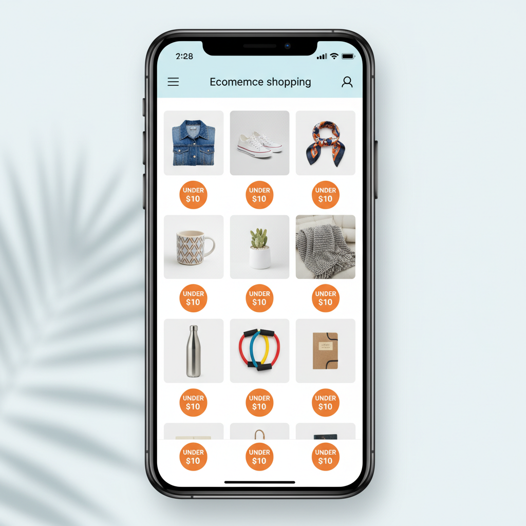 A clean smartphone screen displaying a modern e-commerce shopping app interface with colorful product thumbnails showing fashion items, home goods, and lifestyle products, price tags under 10 dollars prominently visible, bright and inviting layout, professional product photography style, soft natural lighting, no text in image