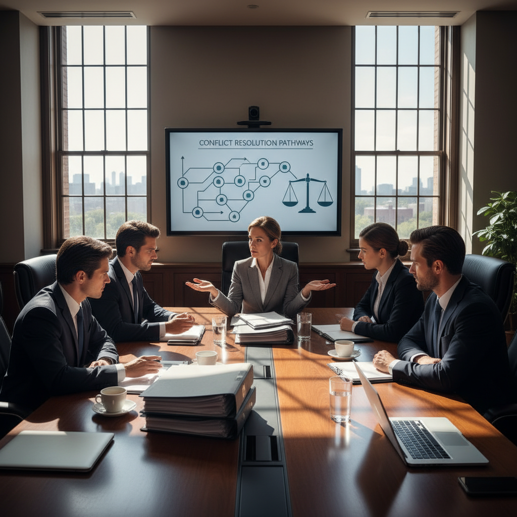 A corporate boardroom scene with legal documents and conflict resolution imagery. Professional business environment with tension between two parties, modern office setting with natural lighting. No text.