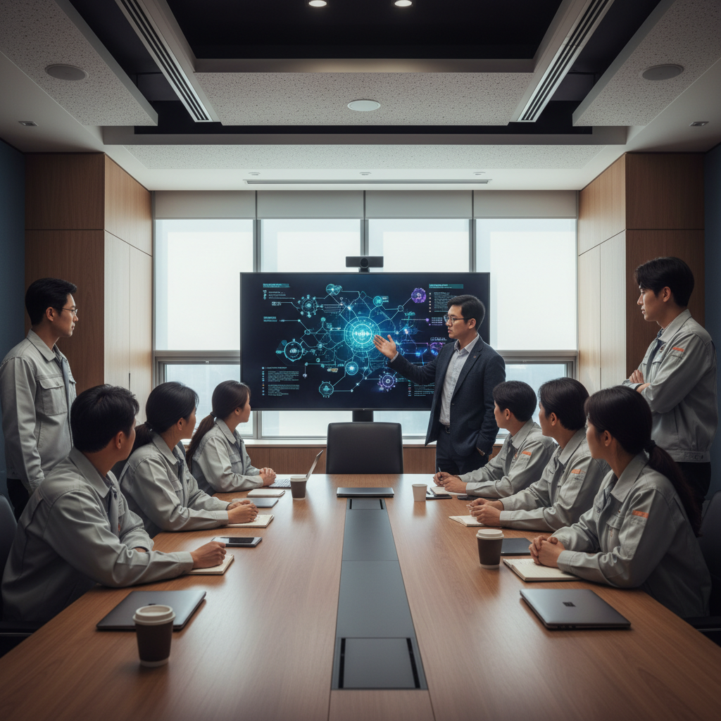 A diverse group of Korean Amazon employees, engineers and warehouse associates, engaged in a serious discussion in a modern office meeting room. One employee points to a screen displaying an AI-related infographic. The atmosphere is contemplative but determined. Style: lifestyle photography, modern layout, balanced lighting, clean visuals. No visible text.