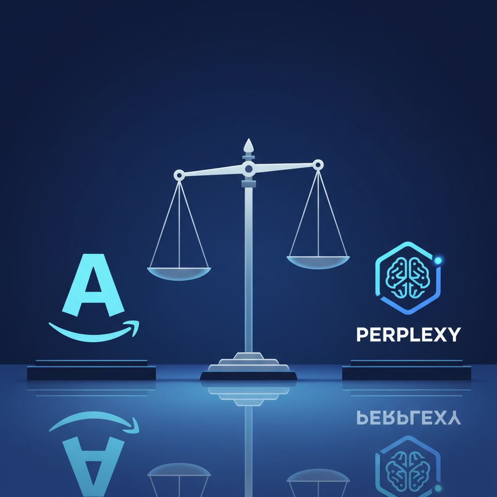 clean infographic, modern layout, high contrast, depicting a legal battle between Amazon and Perplexity. Amazon is represented by a strong, established corporate logo, and Perplexity by a futuristic, AI-themed logo. They are on opposite sides of a courtroom with legal scales in the background. The scene has a serious, determined atmosphere with balanced lighting and a deep blue background. No text, centered focus, visually rich.