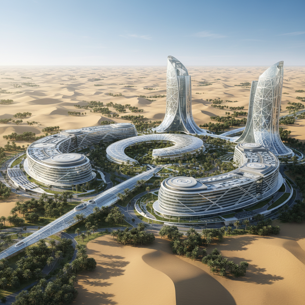 Futuristic AI research campus in Abu Dhabi, modern architectural complex with glass buildings, desert landscape background, innovative technology hub design, aerial view perspective, Middle Eastern architectural elements, no text