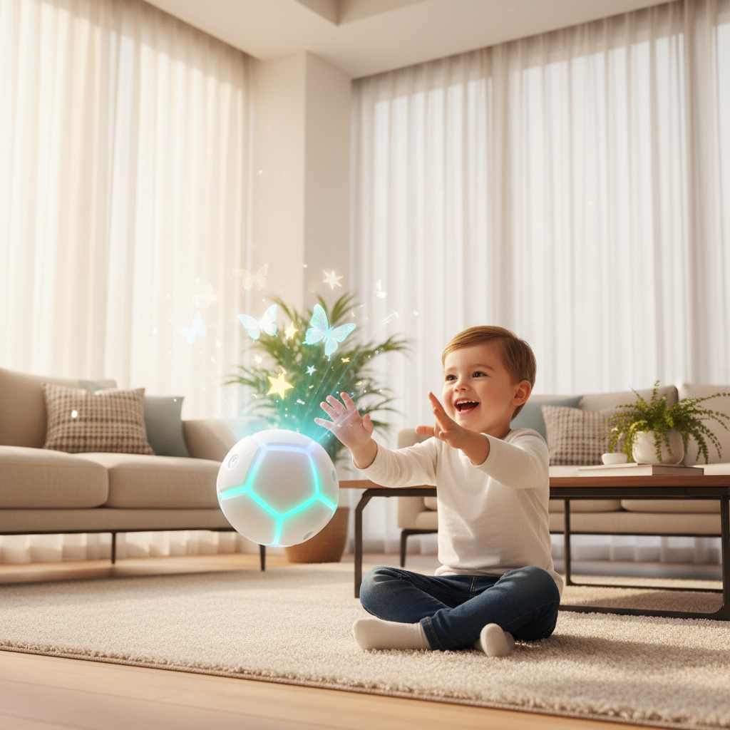 A cheerful, innocent-looking child playing with a futuristic, interactive AI toy in a modern, brightly lit living room. The toy has glowing elements, and the child is smiling. Style: lifestyle photography, warm lighting, natural setting. No text.
