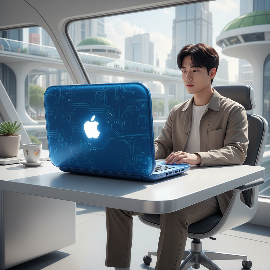 A sleek, modern laptop with design elements reminiscent of the original Apple iBook, featuring a vibrant color and a glowing Apple logo. The laptop is placed on a minimalist desk in a bright, futuristic room, with a Korean person thoughtfully looking at it. Lifestyle photography, no text.