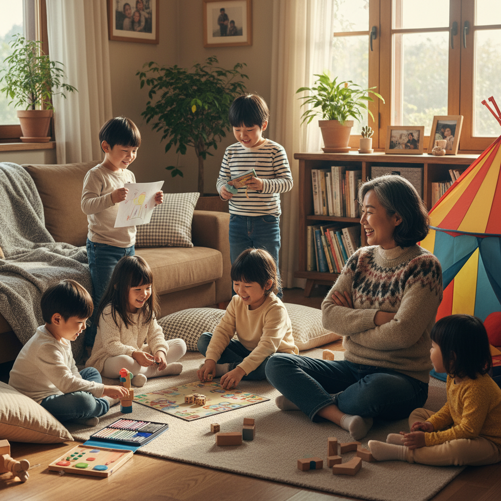 A diverse group of Korean children of various ages playing happily with simple, well-chosen gifts, such as art supplies, board games, or outdoor equipment. A wise-looking Korean parent observes them with a satisfied smile. Bright, natural lighting, a comfortable home environment. Style: lifestyle photography. No text.