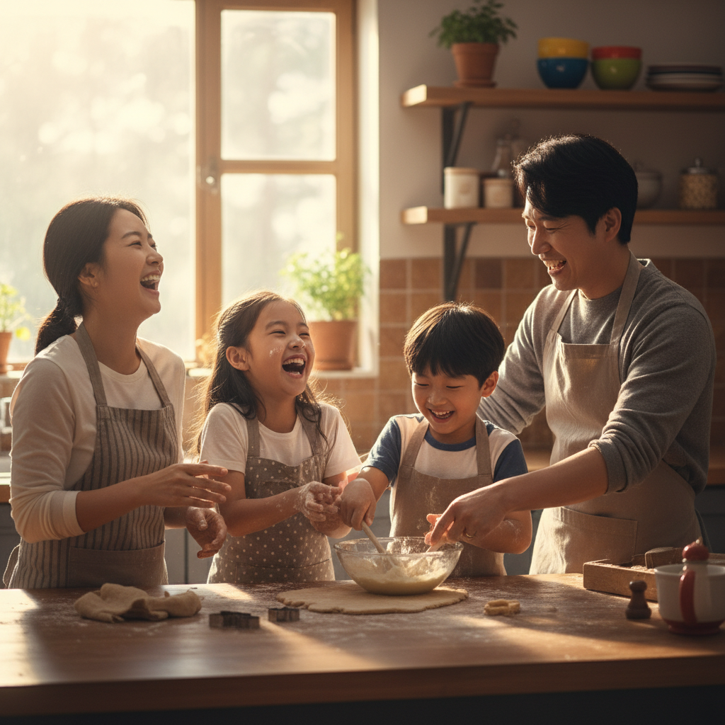 A Korean family (parents and children) enjoying a shared experience like cooking together, building a fort, or exploring nature. Emphasize laughter, connection, and joy. Natural, warm lighting. Style: lifestyle photography. No text.