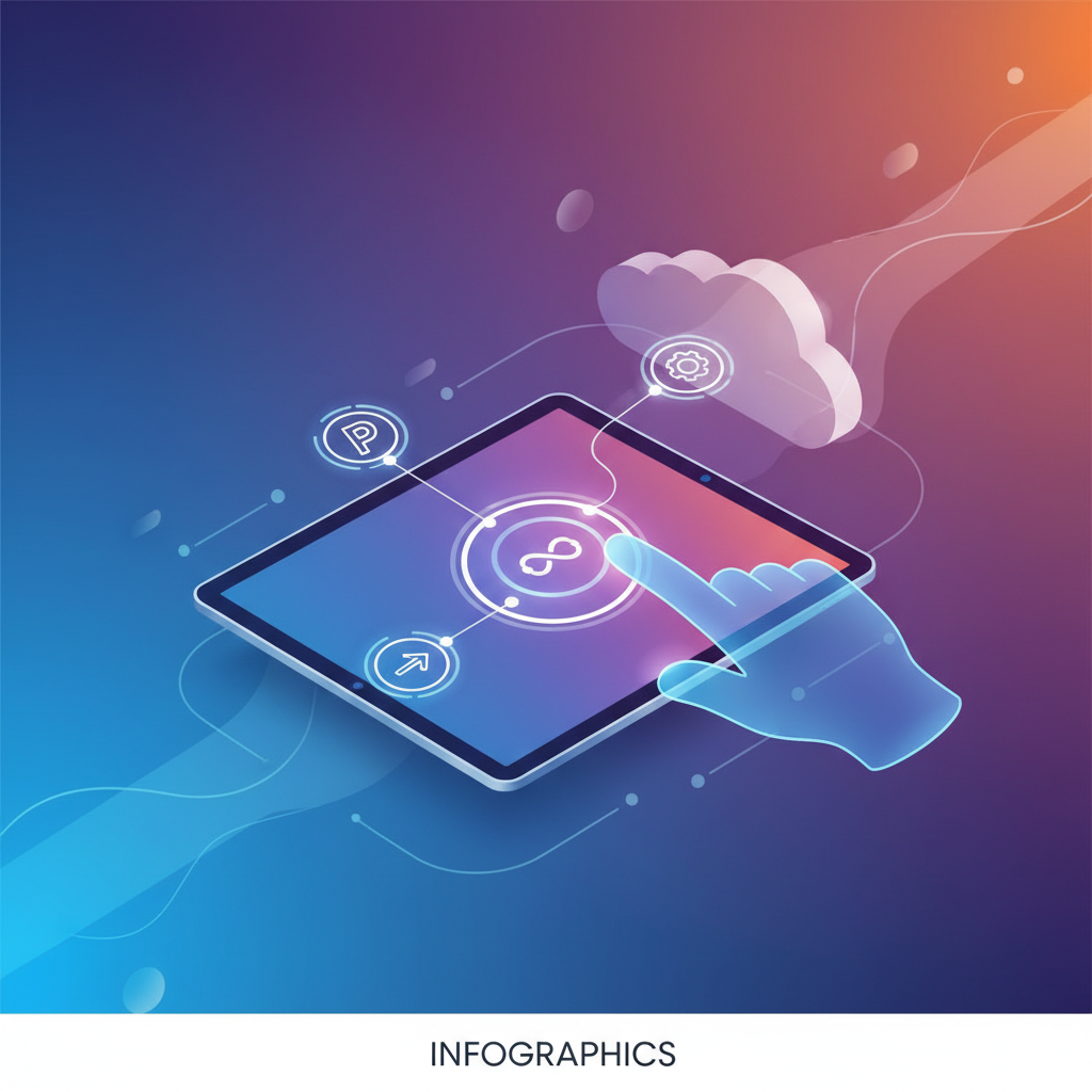 A dynamic, clean infographic showing a stylized hand interacting with an iPad. Multiple app icons are subtly integrated into a futuristic workflow illustration, with a vibrant gradient background. The focus is on productivity and seamless digital interaction. No text. Modern layout, high contrast.