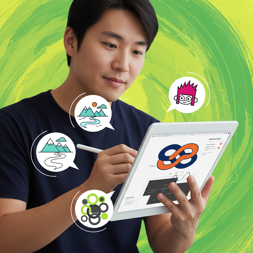 A person with Korean appearance, natural expression, creating various types of sketches and drawings on an iPad. The illustration style is clean infographic, modern layout, high contrast. Multiple small sketches (abstract, landscape, character) are displayed around the main iPad screen. The background is a vibrant, textured blend of green and yellow, representing artistic freedom. No visible text, no Korean characters.