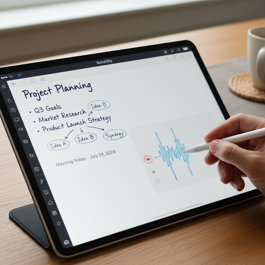 A close-up shot of an iPad displaying a Notability app interface, with handwritten notes, text, and an audio recording waveform. An Apple Pencil is held by a hand, suggesting active note-taking. The background is a soft, textured workspace. No visible text on UI elements. Bright, balanced lighting.