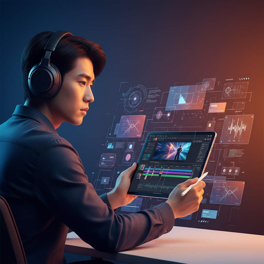 A focused Korean person editing a video on an iPad with headphones, surrounded by a subtle digital interface and creative elements. The scene is a modern, dynamic infographic style with high contrast. Motion graphics and video editing elements are visible around the iPad screen. The background is a deep blue and orange gradient, suggesting creativity and focus. No visible text, no Korean characters.