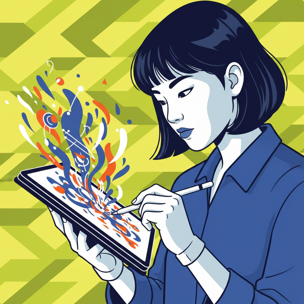 A creative Korean graphic designer meticulously working on an iPad Pro with an Apple Pencil. The illustration style is clean and modern, with high contrast. The screen displays intricate vector graphics and design elements. The background is a vibrant geometric pattern in shades of yellow and green, creating a sense of dynamic design. No visible text, no Korean characters.