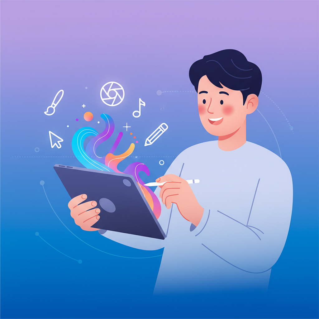 A person with Korean appearance, natural expression, joyfully drawing or creating digital art on an iPad with an Apple Pencil. The scene is vibrant, clean infographic style, modern layout, high contrast. There are various creative tools symbols subtly floating around the iPad. The background is a soft gradient of blues and purples, full of energy. No visible text, no Korean characters.