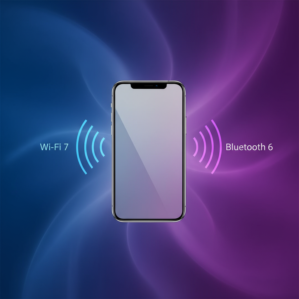 A sleek, modern iPhone 17 with subtle glowing lines emanating from its side, symbolizing Wi-Fi 7 and Bluetooth 6 connectivity. The phone is centered against a dynamic, gradient background in blue and purple hues. No text, clean infographic style.
