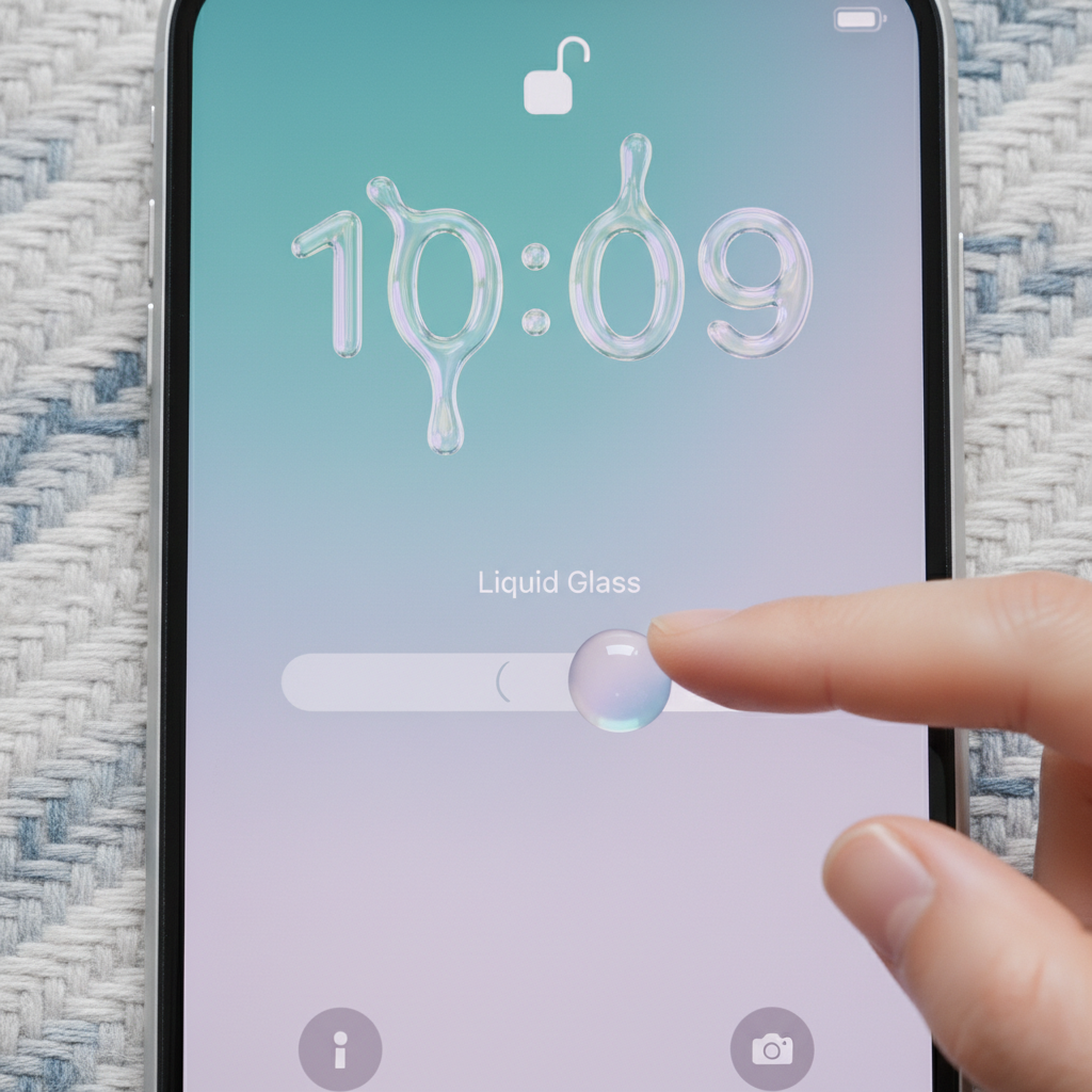 A close-up of an iPhone lock screen displaying a clock with a "Liquid Glass" effect. A finger is adjusting a slider on the screen to change the opacity. Modern UI, bright lighting, textured background. Korean appearance hands, no text.