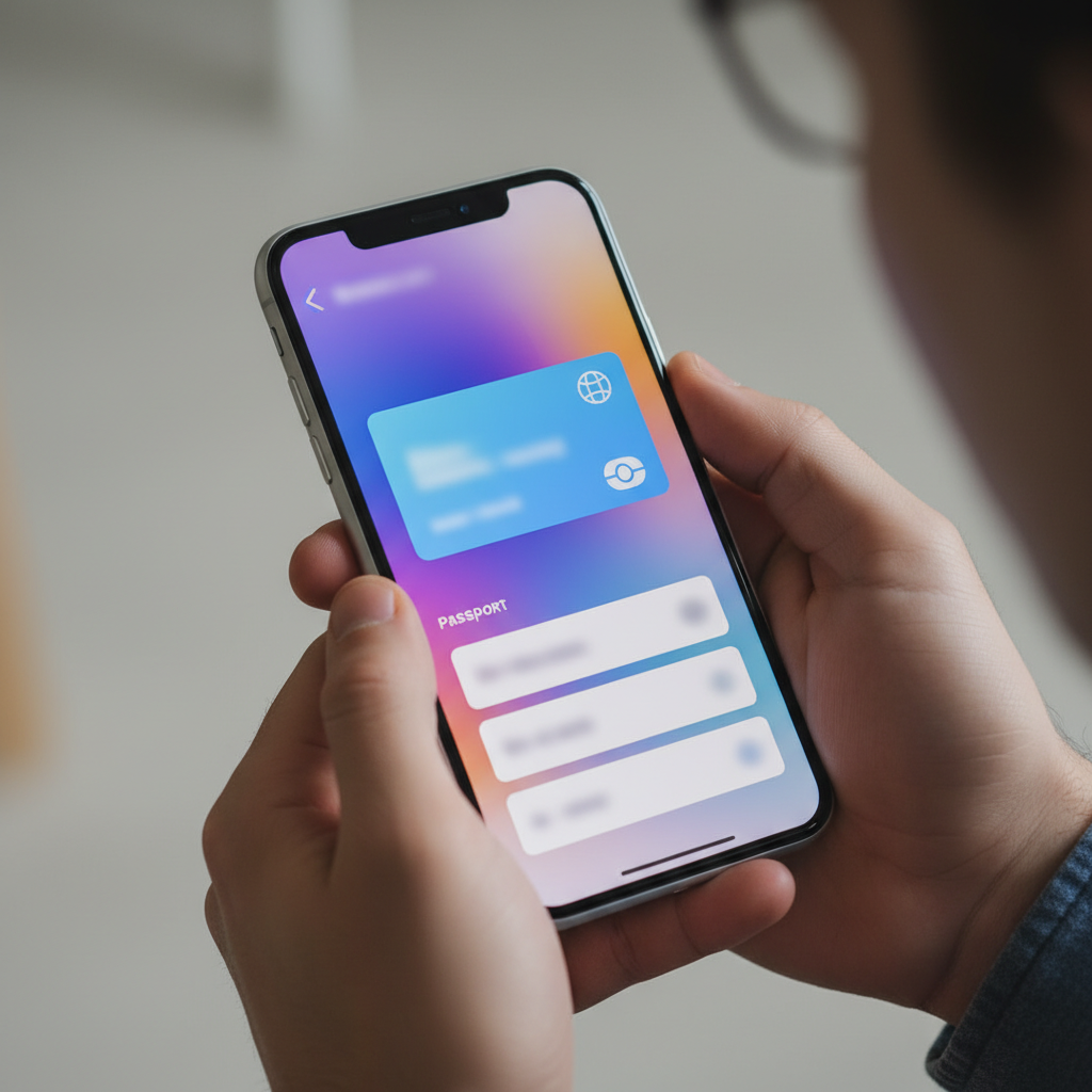 Close-up view of an iPhone screen displaying Apple Wallet interface with a digital passport card, sleek modern UI design, vibrant blue and white color scheme, hands holding phone naturally, soft indoor lighting, realistic mobile app interface, colorful gradient background, no text visible on screen