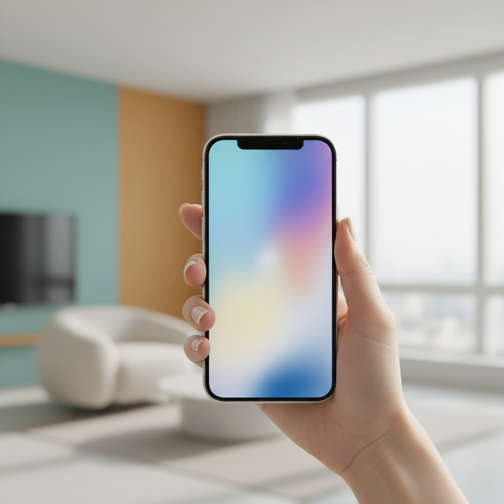 A vibrant iPhone screen flashing subtly, indicating a new notification. The phone is held in a Korean appearance hand, in a soft, modern interior setting. Bright, balanced lighting, colored background. No visible text.