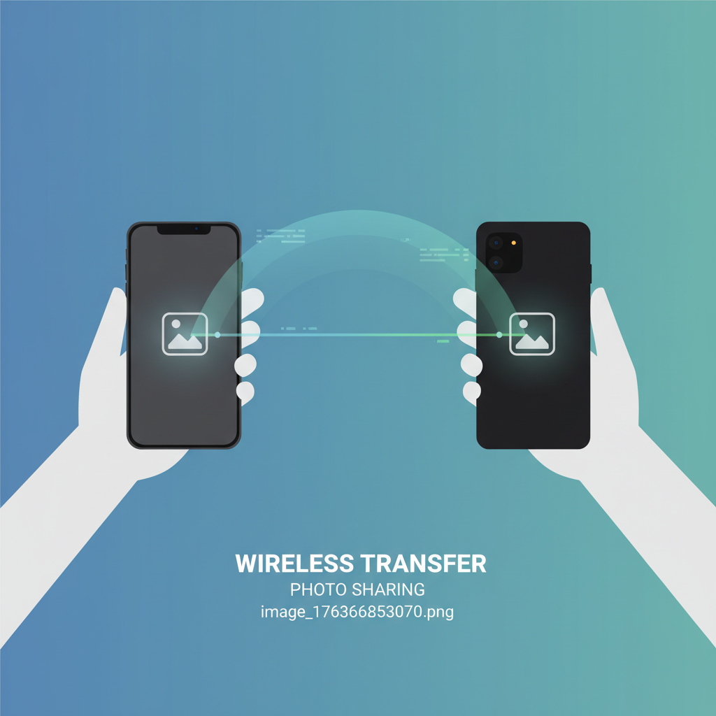 Two hands, one holding an iPhone and the other an Android phone (Pixel 10), wirelessly transferring a photo between them. A seamless, subtle light glow indicates the data transfer. Style: clean infographic, modern layout, high contrast. Background: gradient blue-green.