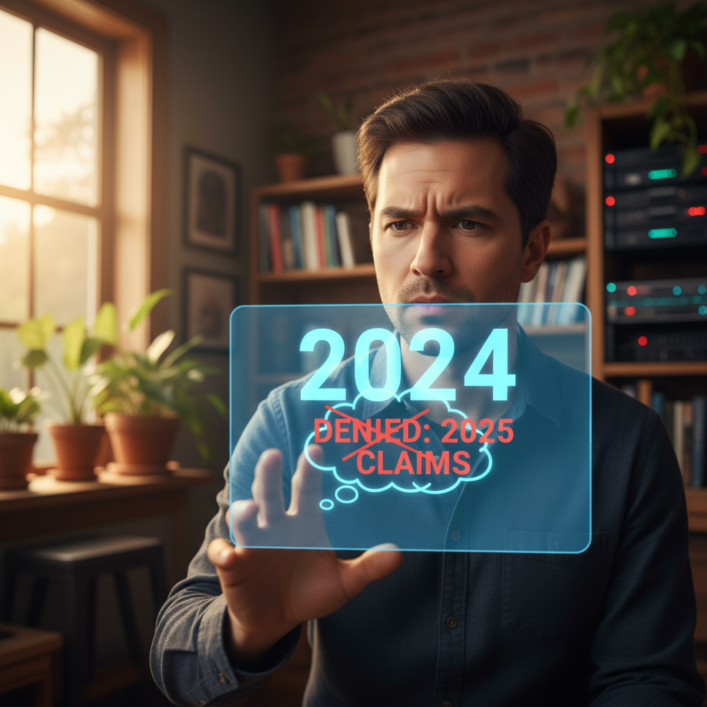 A Korean male AI researcher, Andrej Karpathy, looking perplexed at a holographic AI interface that displays "2024". The interface shows a text bubble denying "2025" claims. Style: lifestyle photography, warm lighting, natural setting. Textured background.