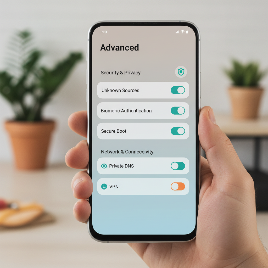Android smartphone interface showing advanced settings menu with toggle switches and security options, modern UI design, teal and orange accent colors, clean layout on gradient background from soft gray to light blue, professional tech photography, natural lighting, centered device, no visible text