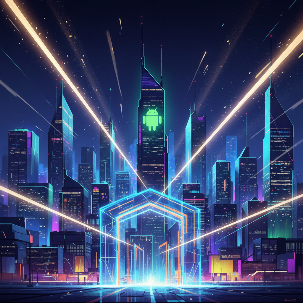 A futuristic, vibrant digital city skyline with the Android logo prominently featured. In the foreground, an abstract gate or door is wide open, symbolizing an "open platform." Light rays stream through the opening, suggesting new possibilities and a bright future. Style: illustration. No text.