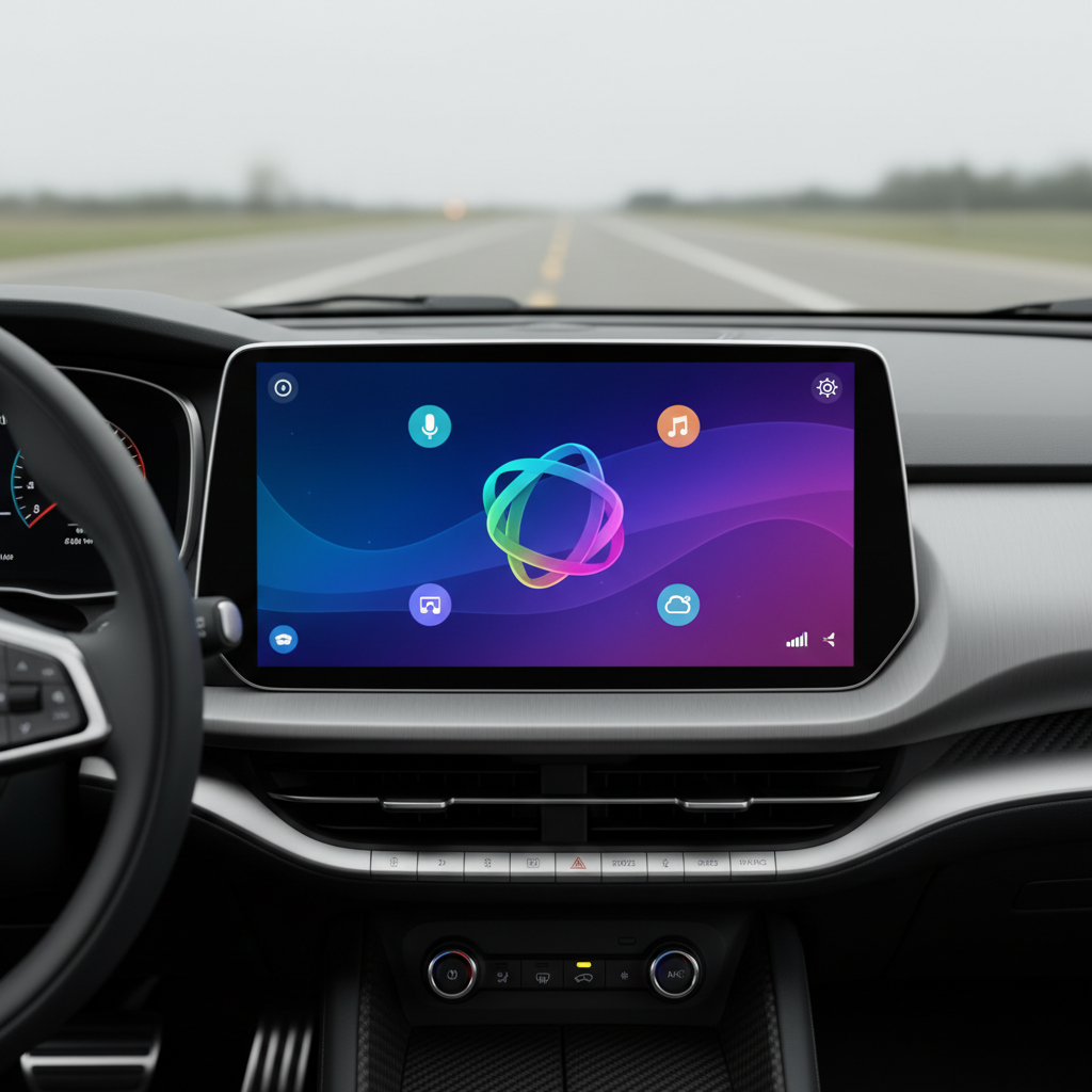 A car dashboard showcasing Android Auto's interface with Google Gemini actively displayed. The screen has a clean, modern layout with vibrant colors, reflecting an active AI assistant. The background is a gradient of deep blues and purples, filling the frame. Bright, balanced lighting highlights the screen without glare. No visible text on the screen, only minimal, intuitive UI elements.