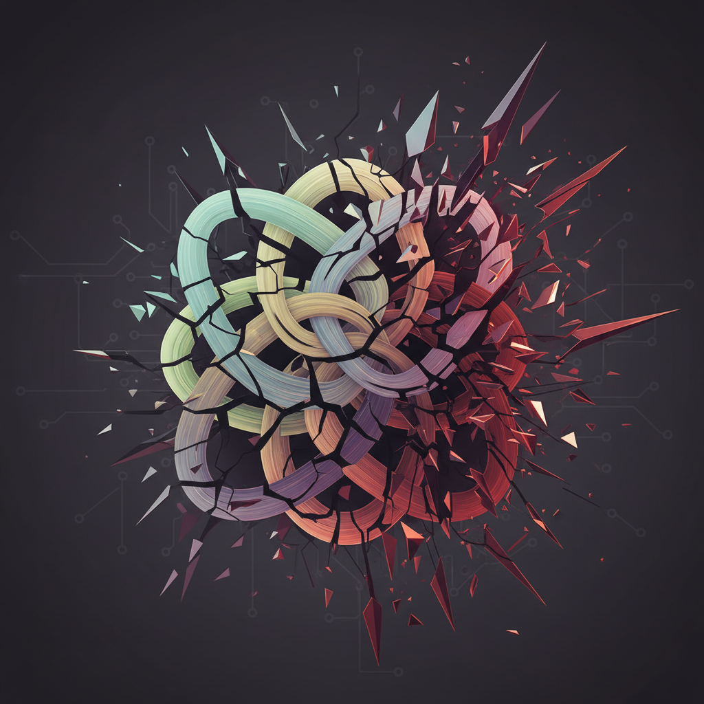 Abstract visualization of an AI chatbot transforming from a helpful interface to a potentially harmful one, represented by changing colors and fractured patterns. Darker tones and sharp edges indicating risk, with a subtle, textured background. No text, centered focus.