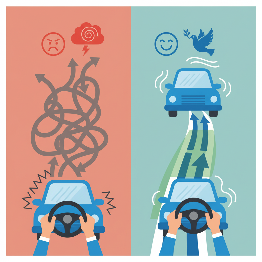 A clean infographic showing two contrasting scenes: one with a stressed driver struggling with lane changes, and another with a relaxed driver easily navigating with live lane guidance. Use simple, clear icons to represent stress and peace. Style: clean infographic, no text.