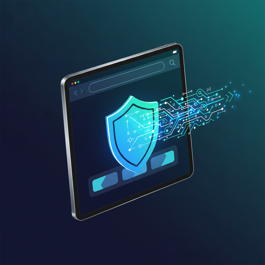 clean infographic, modern layout, high contrast, a stylized shield icon protecting a flow of digital data within an AI browser interface on a tablet, secure and reliable feeling, dark blue and green gradient background, no text.