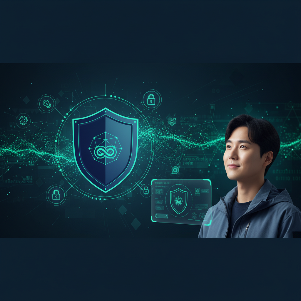 A sleek, modern infographic representing data security. A shield icon protecting flowing data streams, with encryption symbols. Dark blue and green color scheme, high-tech feel, textured background. No text. Korean appearance person looking reassuredly at a secure interface.
