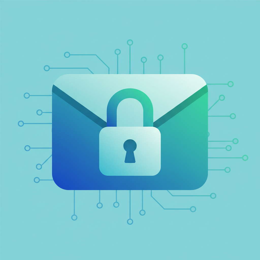 A visual metaphor of a secure digital environment, with a lock icon integrated into a stylized email inbox. Calm blue and green gradient background with subtle abstract network lines. No visible text.