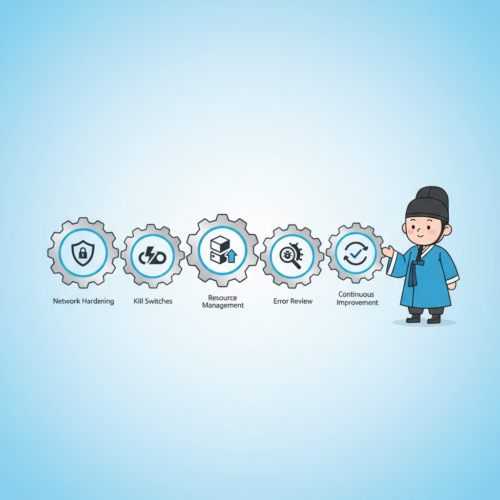 A clean infographic demonstrating a structured plan with five distinct, interconnected steps or gears. Each step is represented by an icon related to network hardening, kill switches, resource management, and error review. The overall layout is modern and organized, set against a bright, reassuring light blue and white gradient background. Korean appearance character is seen overseeing the system. No visible text.