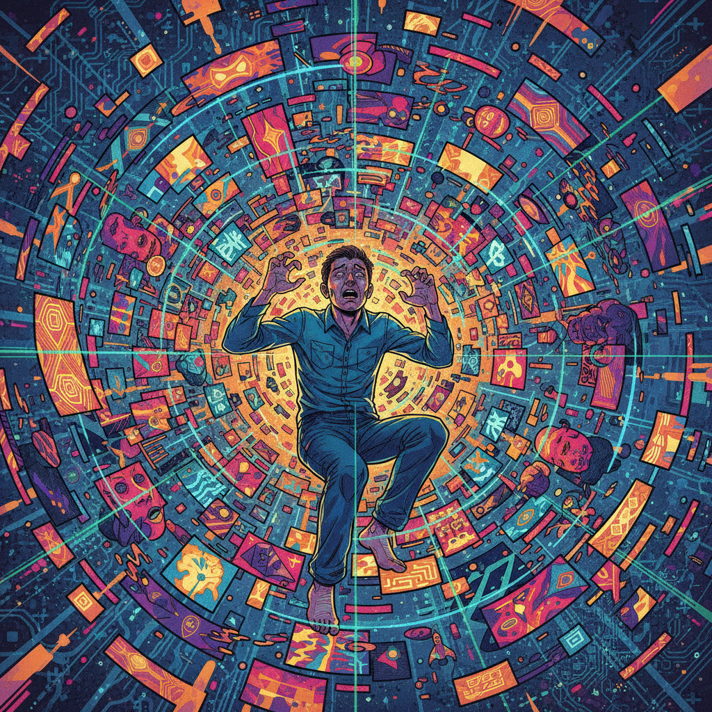 A person caught in a swirling vortex of AI-generated content on social media, with algorithms represented as subtle glowing lines. Show the feeling of being trapped and overwhelmed. Vibrant, high-contrast illustration with a dynamic, patterned background. No visible text.
