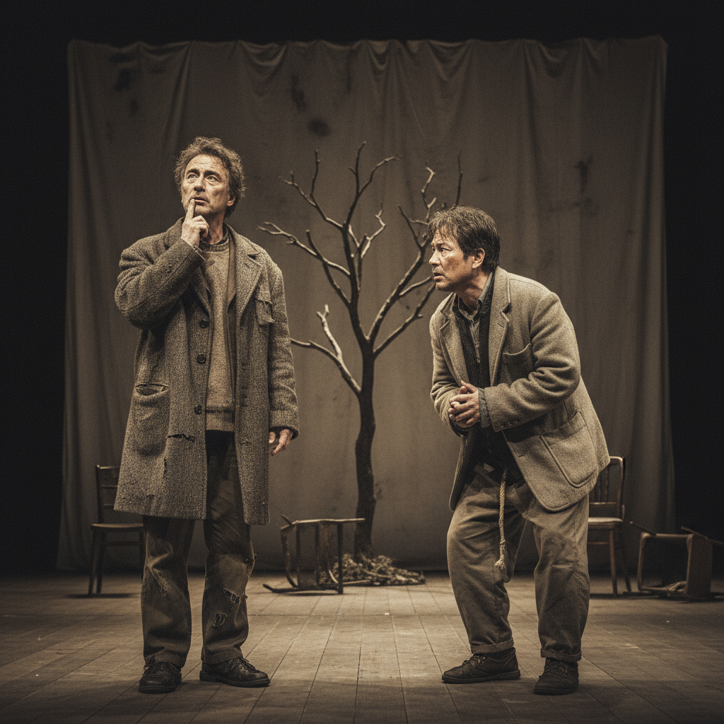 Two middle-aged Korean men, resembling actors, on a dimly lit stage. One is gesturing thoughtfully, the other listening intently. They are dressed in simple, slightly worn clothing, evocative of Vladimir and Estragon from "Waiting for Godot." The background is sparse, suggesting a theatrical set. Lifestyle photography, no text.