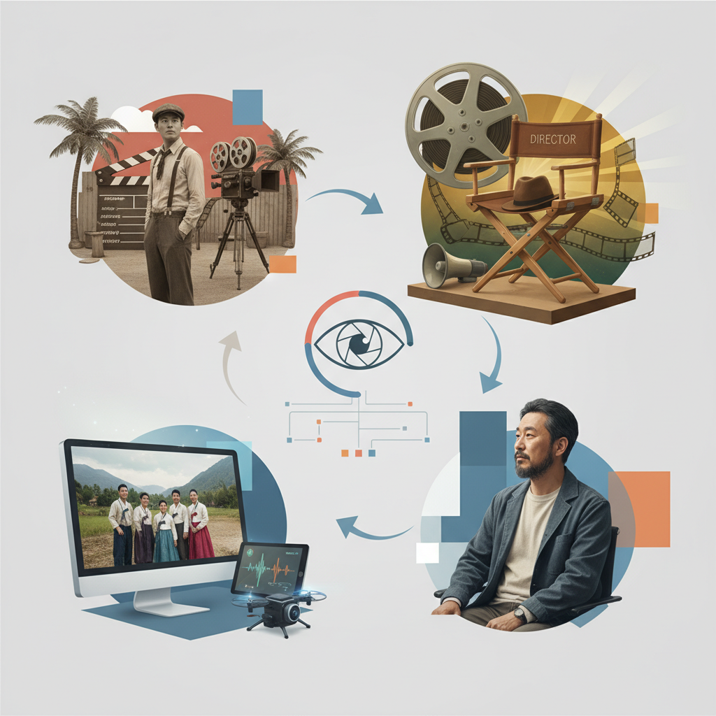 A collage infographic depicting various stages of a Korean man's career, from a young actor on a vintage movie set to a modern-day documentary filmmaker. Include elements like old film reels, a director's chair, a computer screen displaying documentary footage, and subtle representations of technology. Clean infographic style, no text.