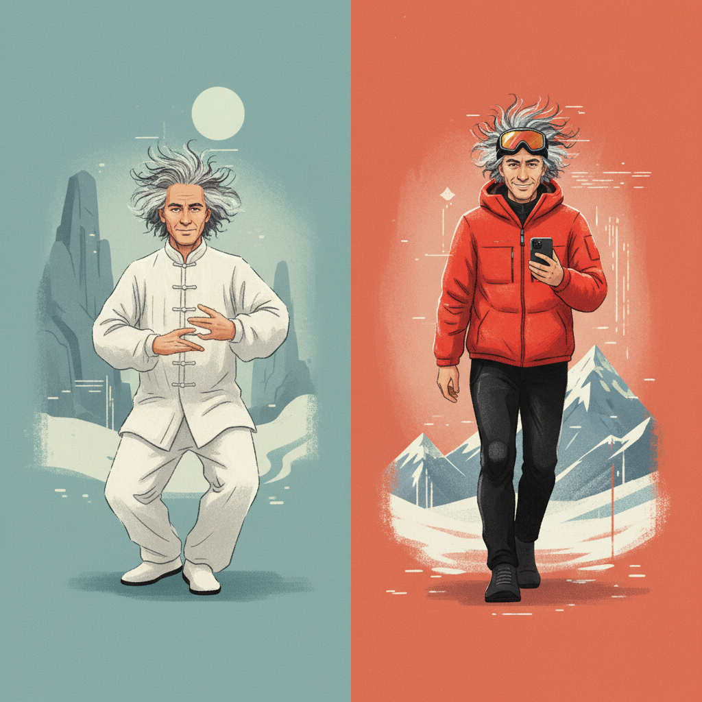 A dynamic and artistic illustration of Alex Karp in two contrasting poses. One side shows him performing Tai Chi with calm focus in a minimalist setting, and the other side shows him confidently walking in modern ski gear, perhaps holding a phone. Emphasize his unkempt grey hair and unique presence. Style: illustration, artistic rendering, textured background. Colored background with a subtle gradient. No visible text.
